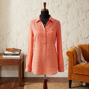 Liz Claiborne Vibrant Coral Geometric Roll-Tab Sleeve Blouse - Size Small